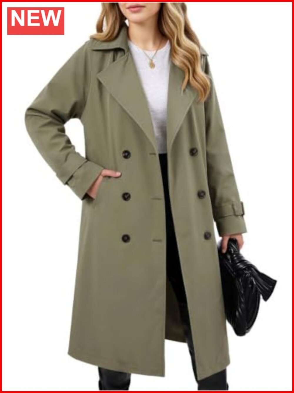 Women's Double Breasted Long Trench Coat with Belt Polyester Overcoat